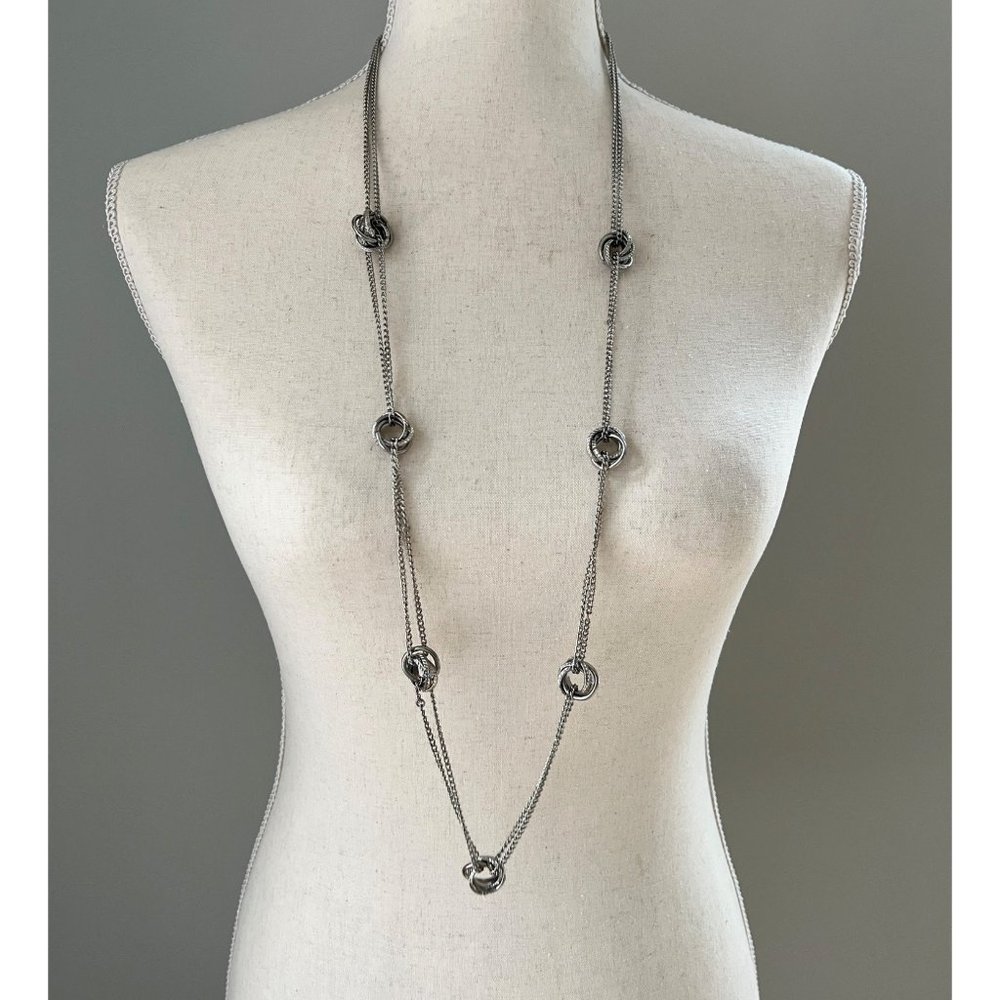 */$25 Long Silver Tone Double Chain Interlocking Rings Station Necklace 38" + 2'